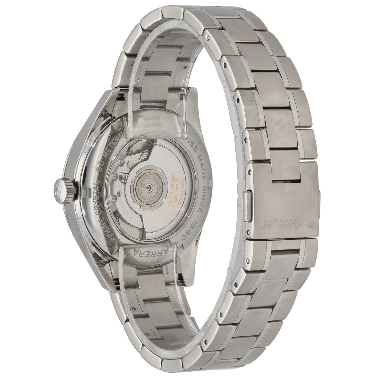 Stainless steel Tag Heuer Carrera WV2116-0 watch with transparent caseback and metal bracelet