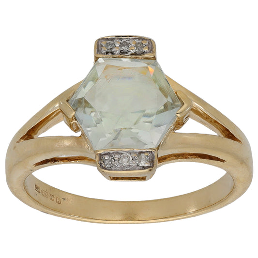 9ct Gold Green Quartz & 0.06ct Diamond Dress/Cocktail Size N