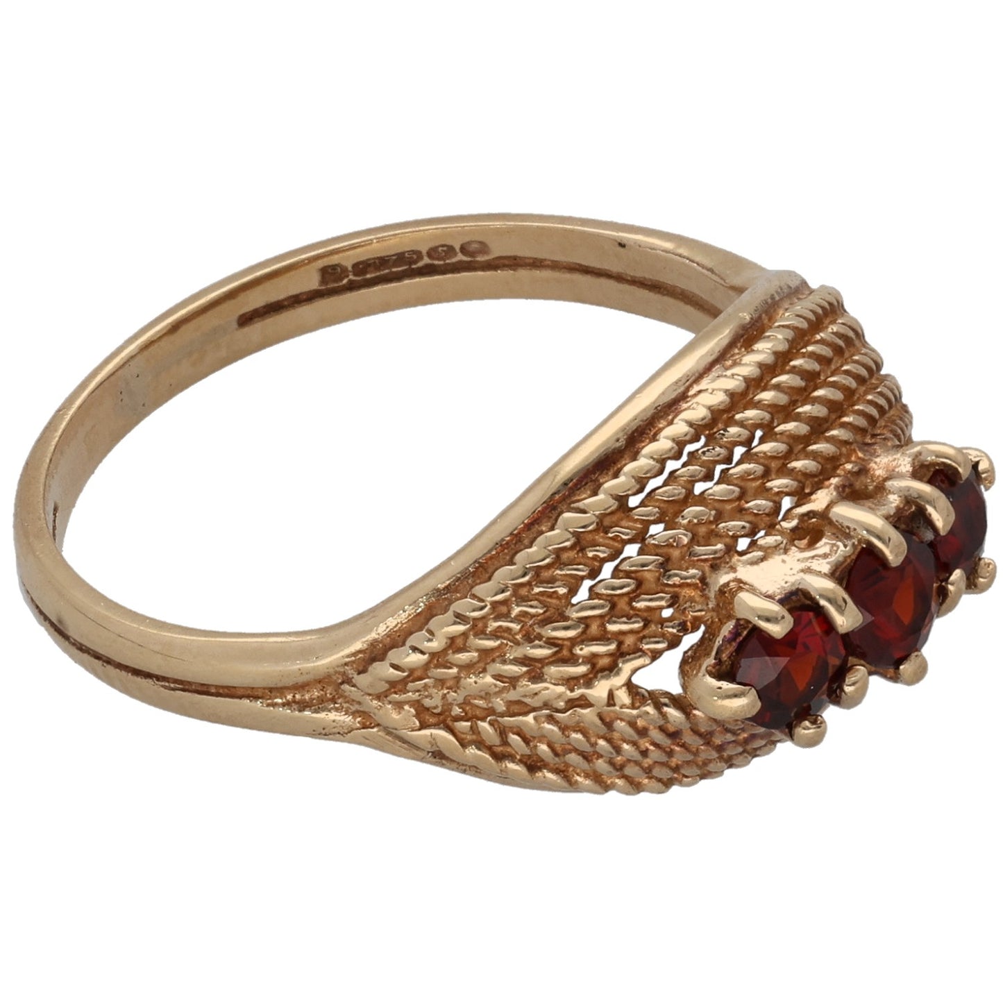 9ct gold three-stone garnet ring, side view, textured band with red stones