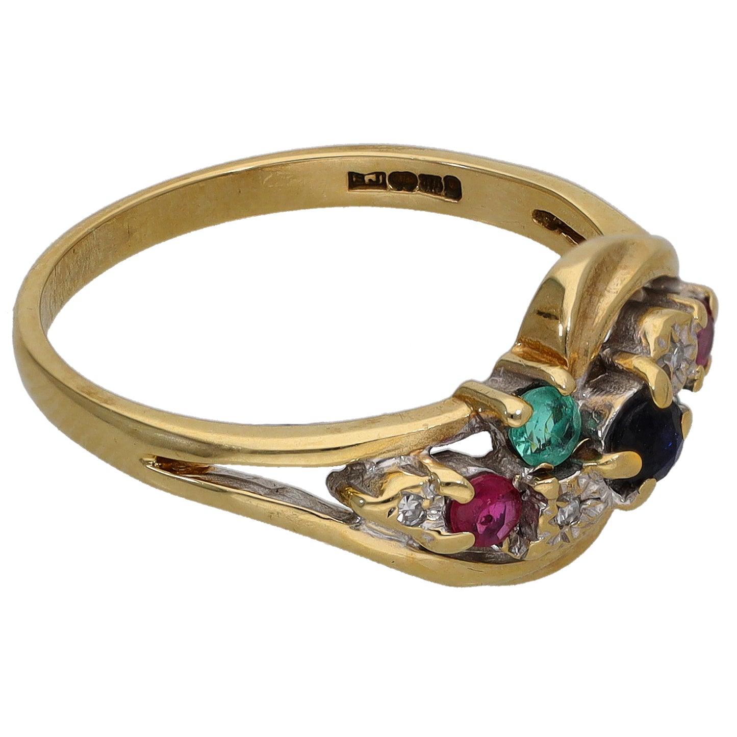 9ct Gold Sapphire, Emerald,  Ruby & 0.04ct Diamond Dress/Cocktail Ring Size M