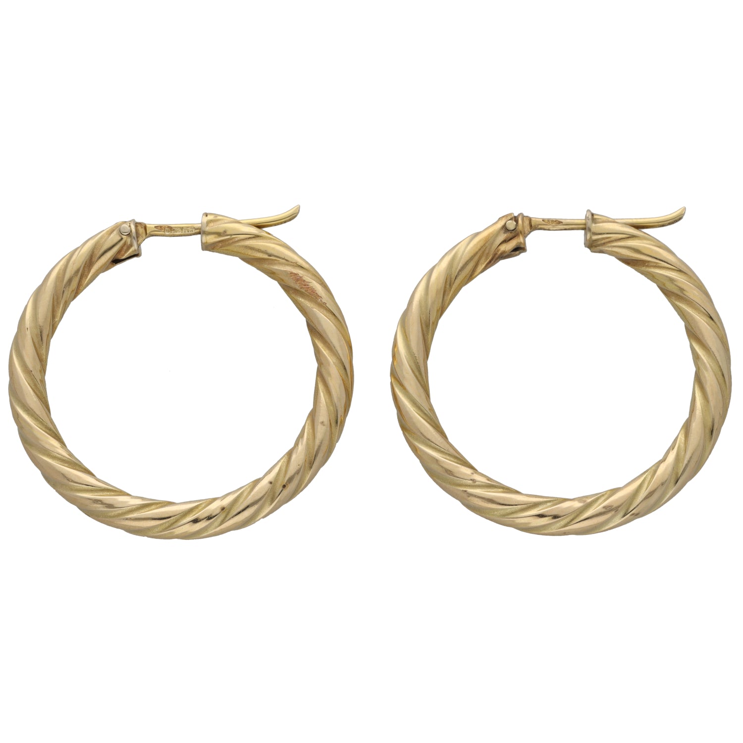 14ct gold braided hoop earrings with twisted rope texture and hinged clasp