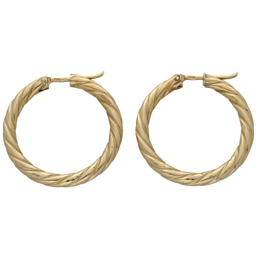 14ct gold braided hoop earrings with twisted rope texture and hinged clasp