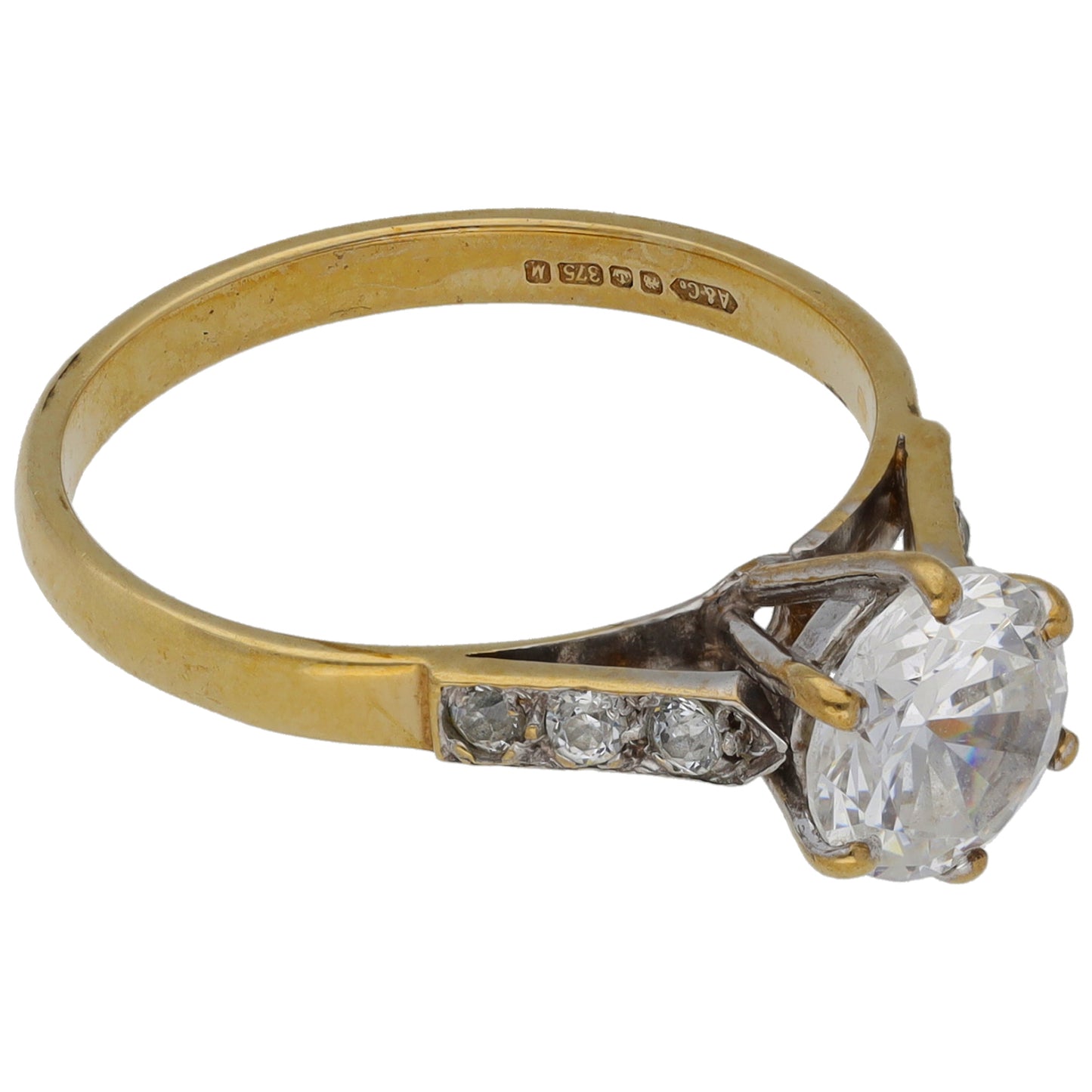 9ct Gold Cubic Zirconia Single Stone Ring with Accent Stones Size O