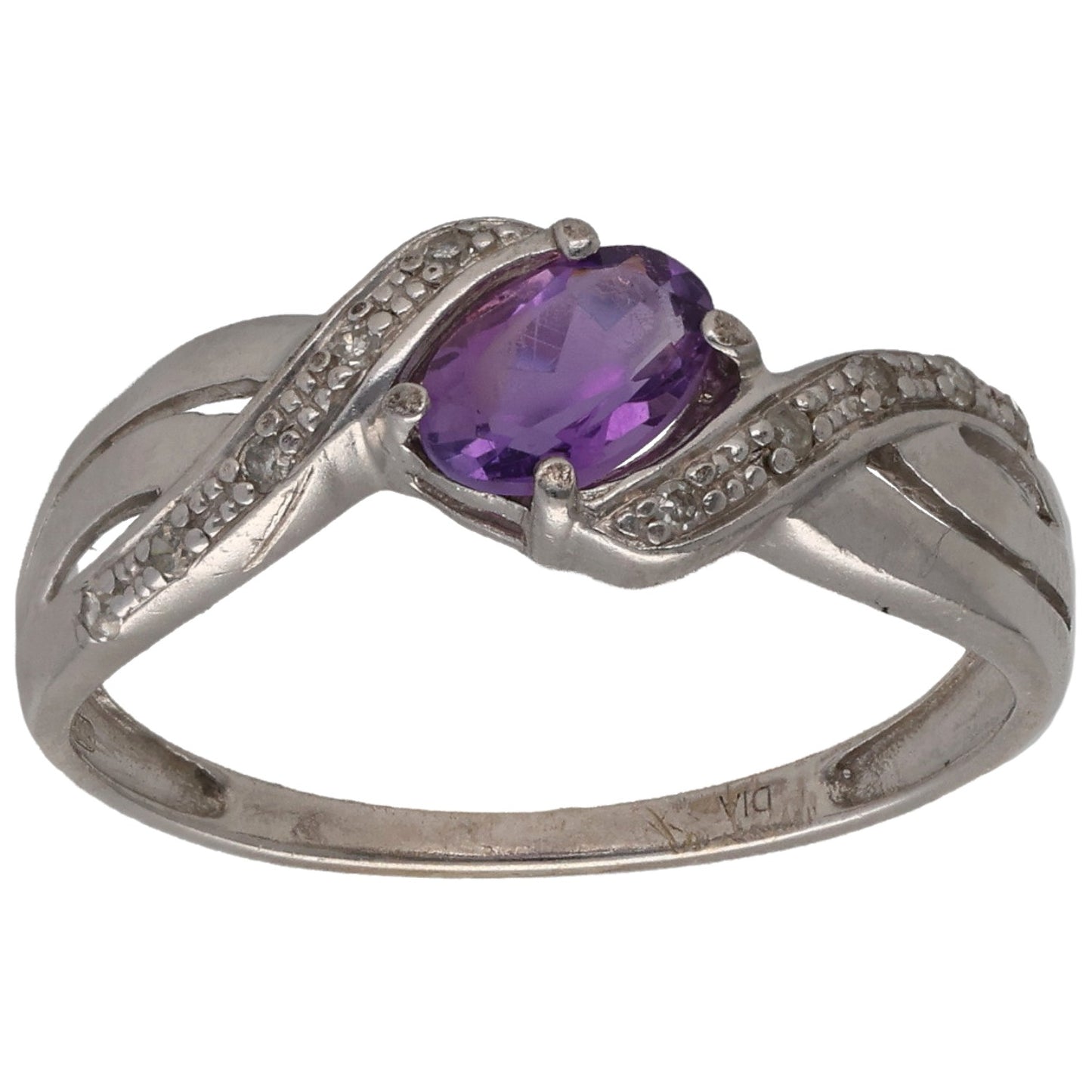 9ct White Gold Amethyst & 0.05ct Diamond Single Stone Ring With Accents Size N