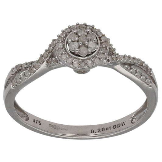 9ct White Gold 0.20ct Diamond Solitaire Ring With Accent Stones Size P