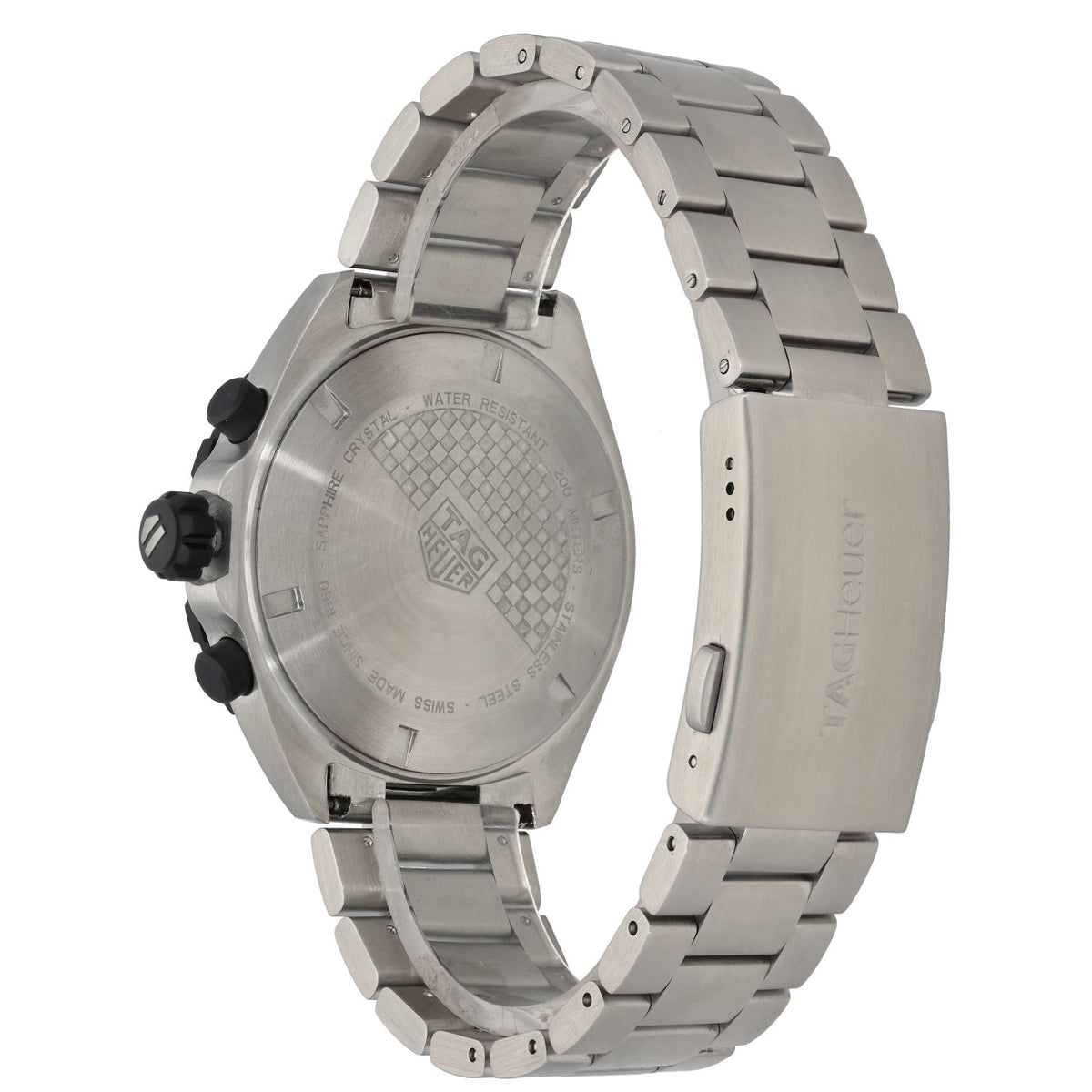 Tag Heuer Formula 1 CAZ1010, in a stainless steel case and bracelet, rear image showing the case back and clasp.