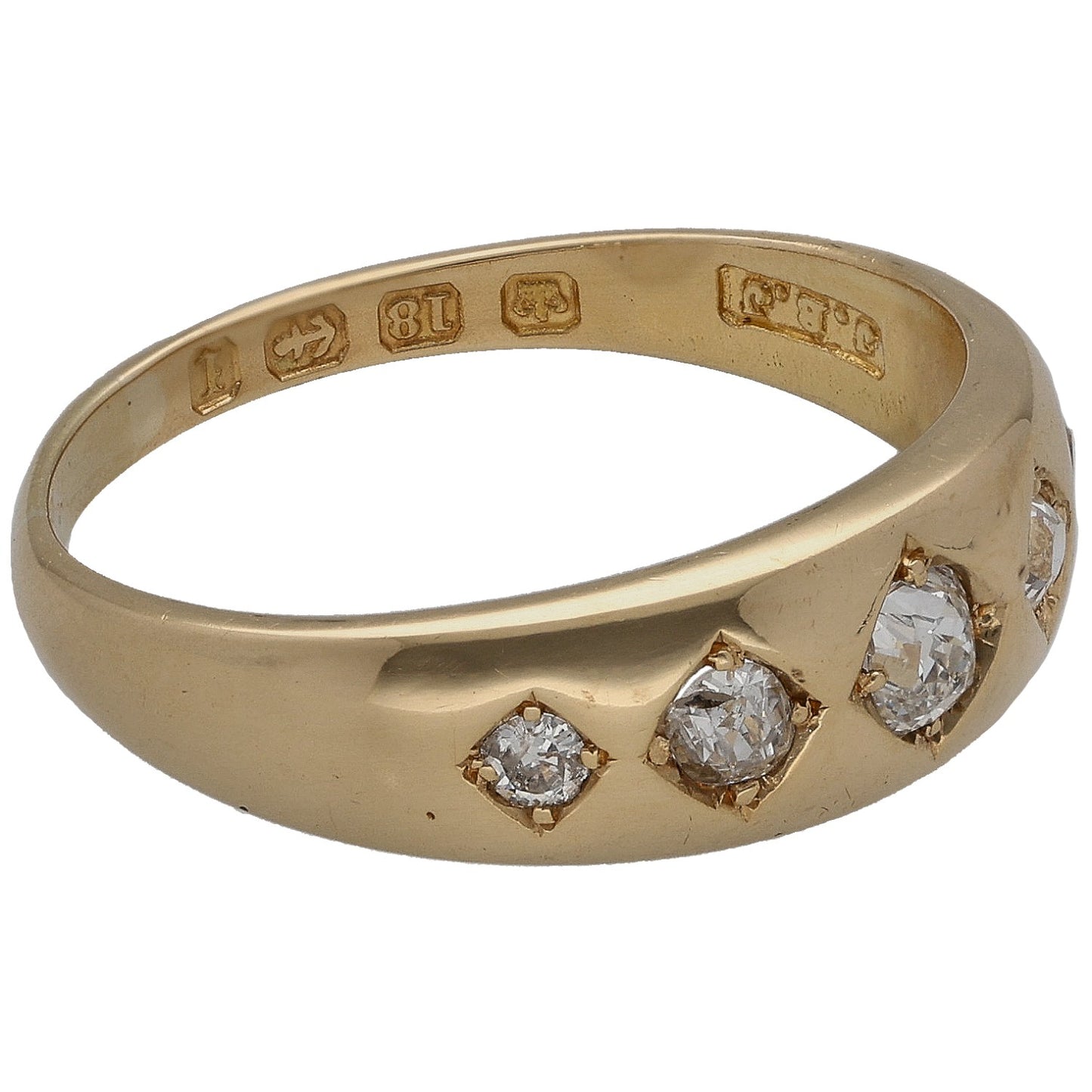 Gold diamond ring, side view with three round stones and engraved band marks