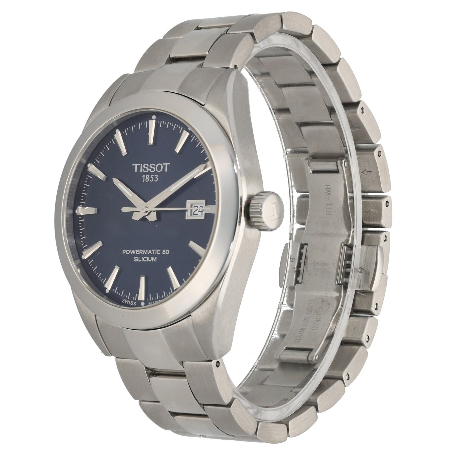Tissot Gentleman T127407,  navy blue dial with baton hour markers, front angle
