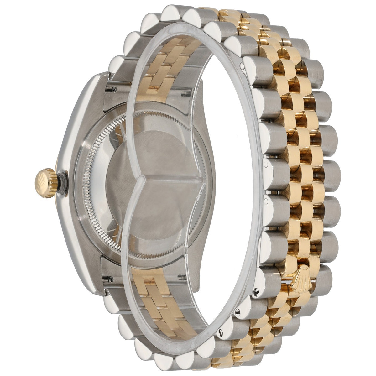 Rolex Datejust 116233 bi-colour watch back view, gold crown, silver and gold bracelet