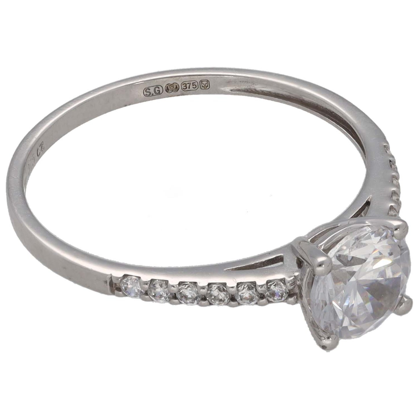 9ct White Gold Cubic Zirconia Single Stone Ring With Accents Size O