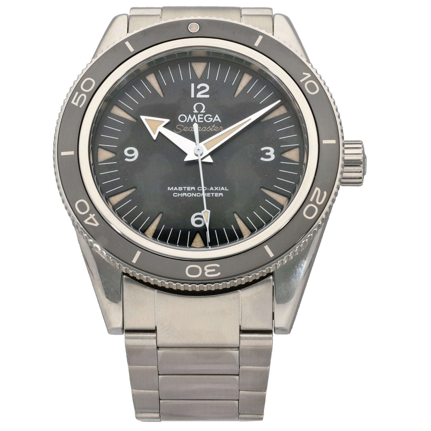 Omega Seamaster 233.30.41.21.01.001 Stainless steel diver watch with dark dial, black bezel, and metal bracelet
