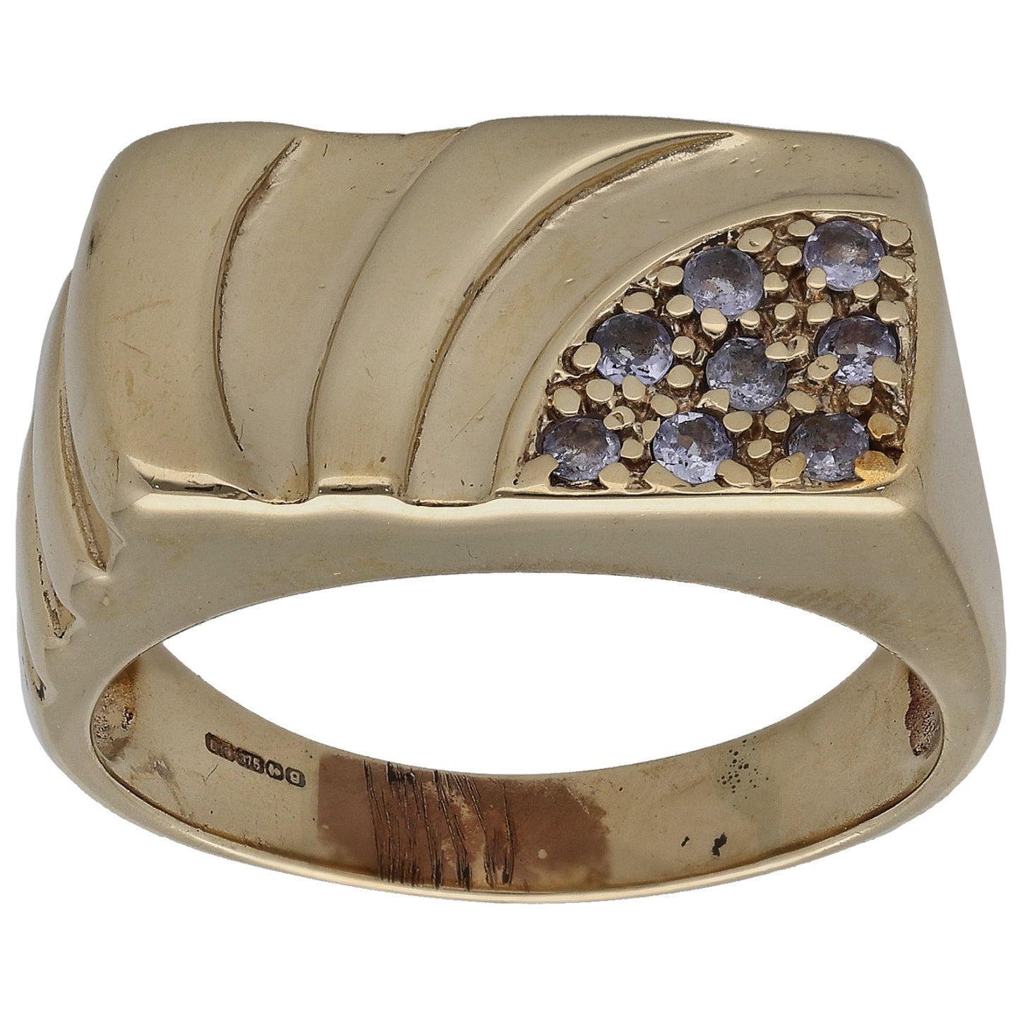 9ct gold signet ring with purple stone mosaic bezel, raised top