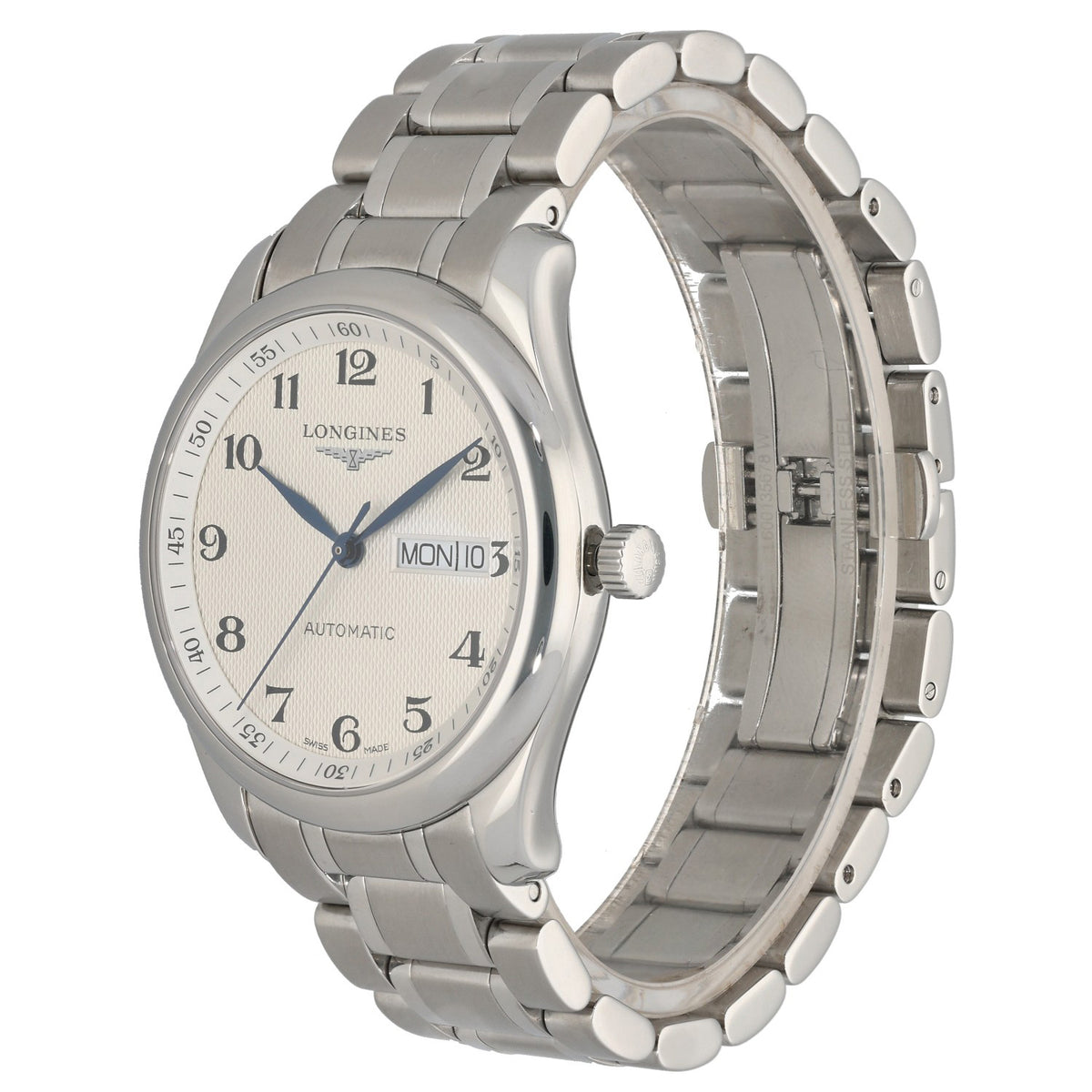 Longines Master Collection L2.755.4, with white dial inside a 38.5mm stainless steel case and link bracelet, front