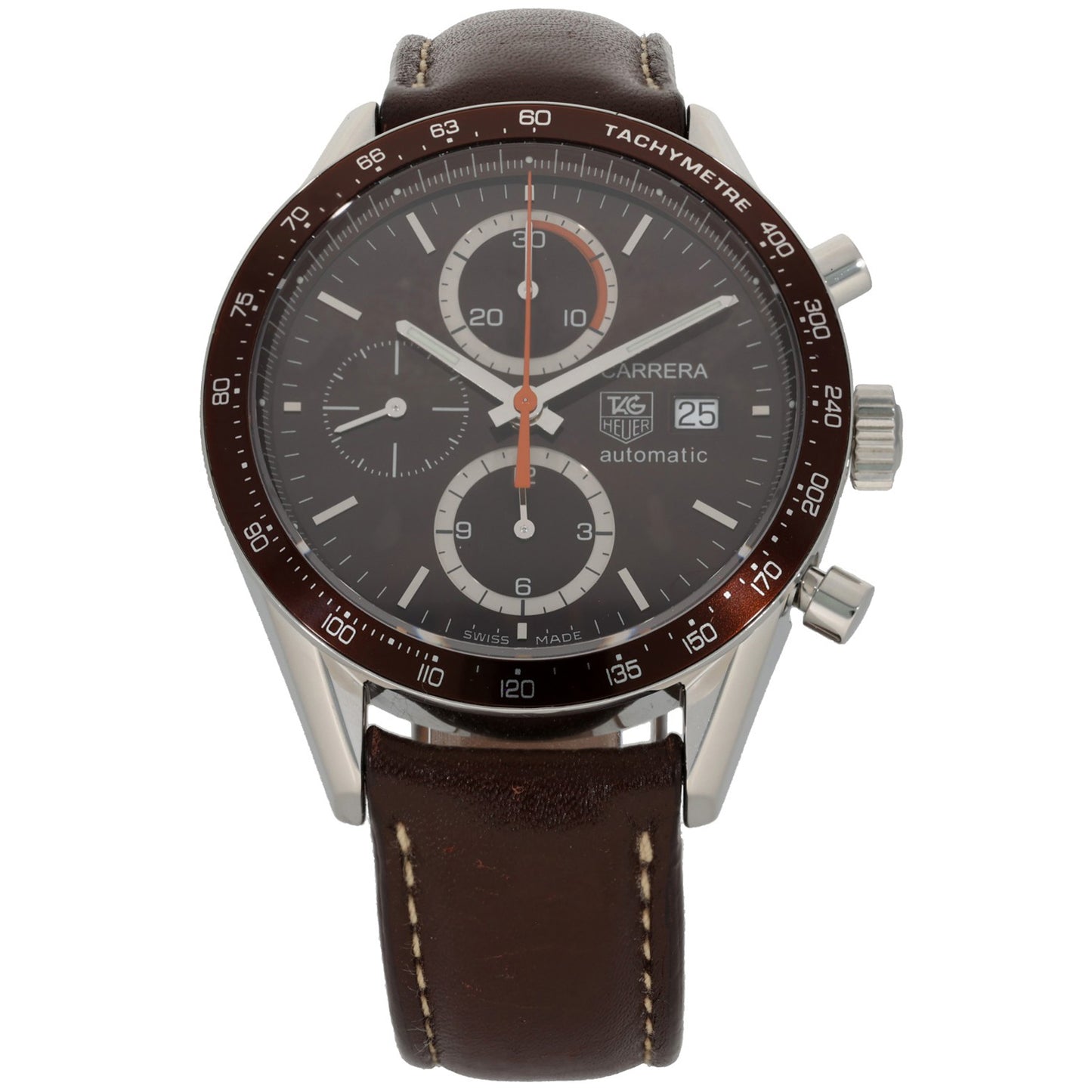 Tag Heuer Carrera CV2013-3, chocolater brown dial, bezel and leather strap, front image