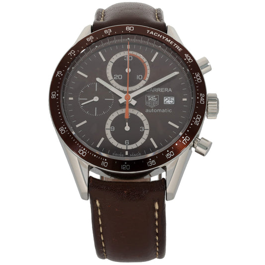 Tag Heuer Carrera CV2013-3, chocolater brown dial, bezel and leather strap, front image