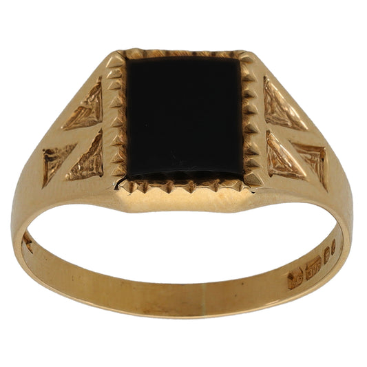 9ct Gold Onyx Patterned Signet Ring Size O
