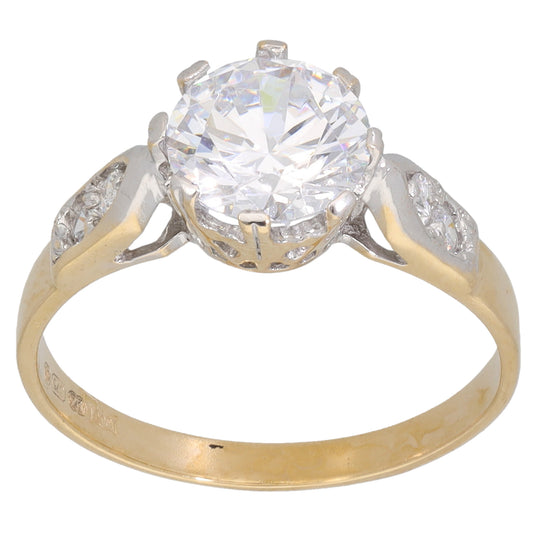 9ct Gold Cubic Zirconia Single Stone Ring with Accent Stones Size N