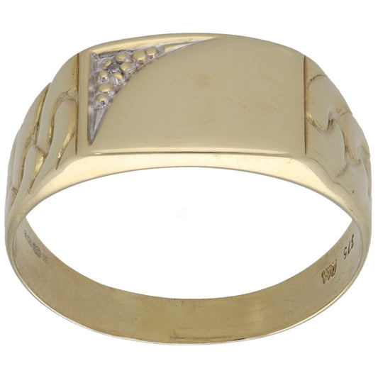 9ct Gold 0.005ct Diamond Patterned Single Stone Signet Ring Size X