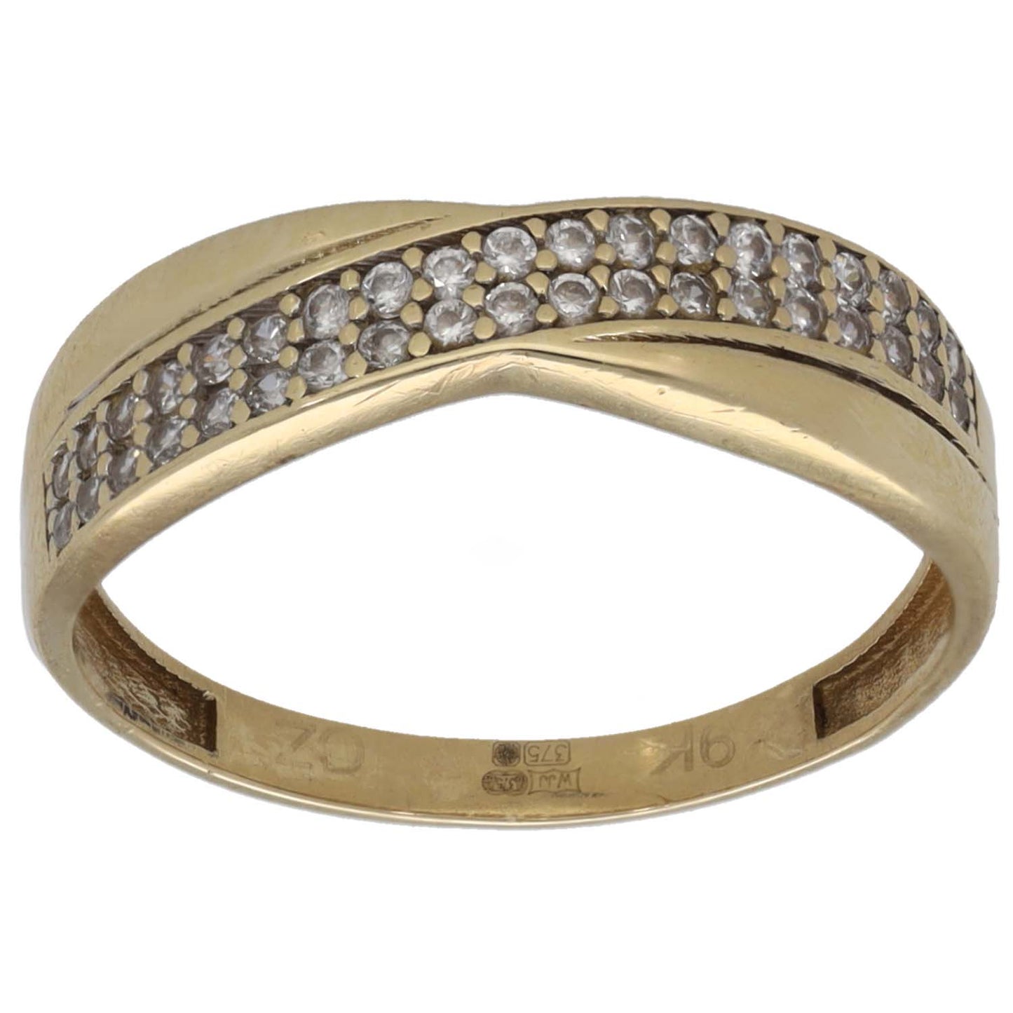 Gold CZ half-eternity ring, clear stones across top half, polished band