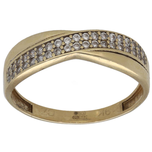 Gold CZ half-eternity ring, clear stones across top half, polished band