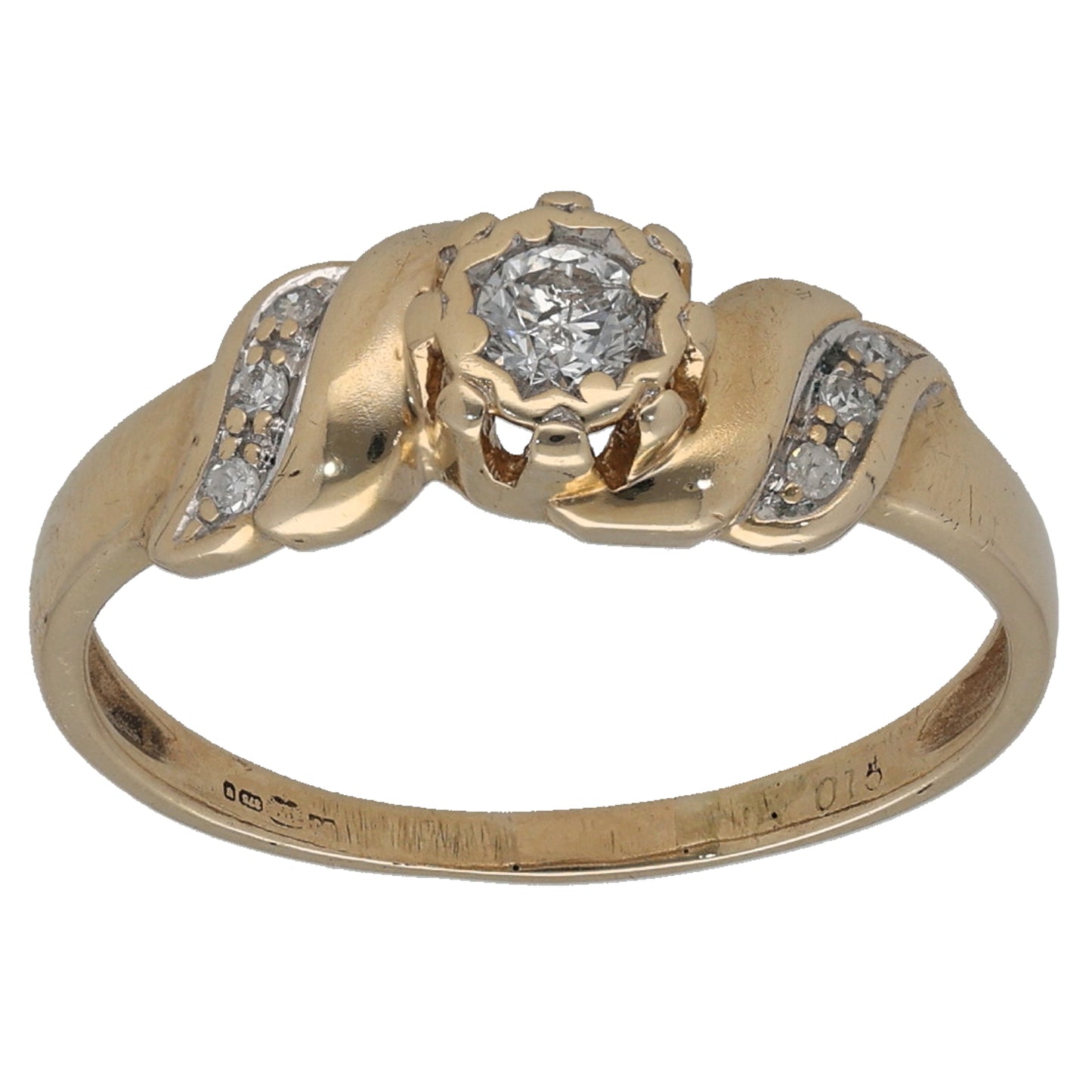 9ct Gold 0.15ct Diamond Solitaire Ring With Accent Stones Size M