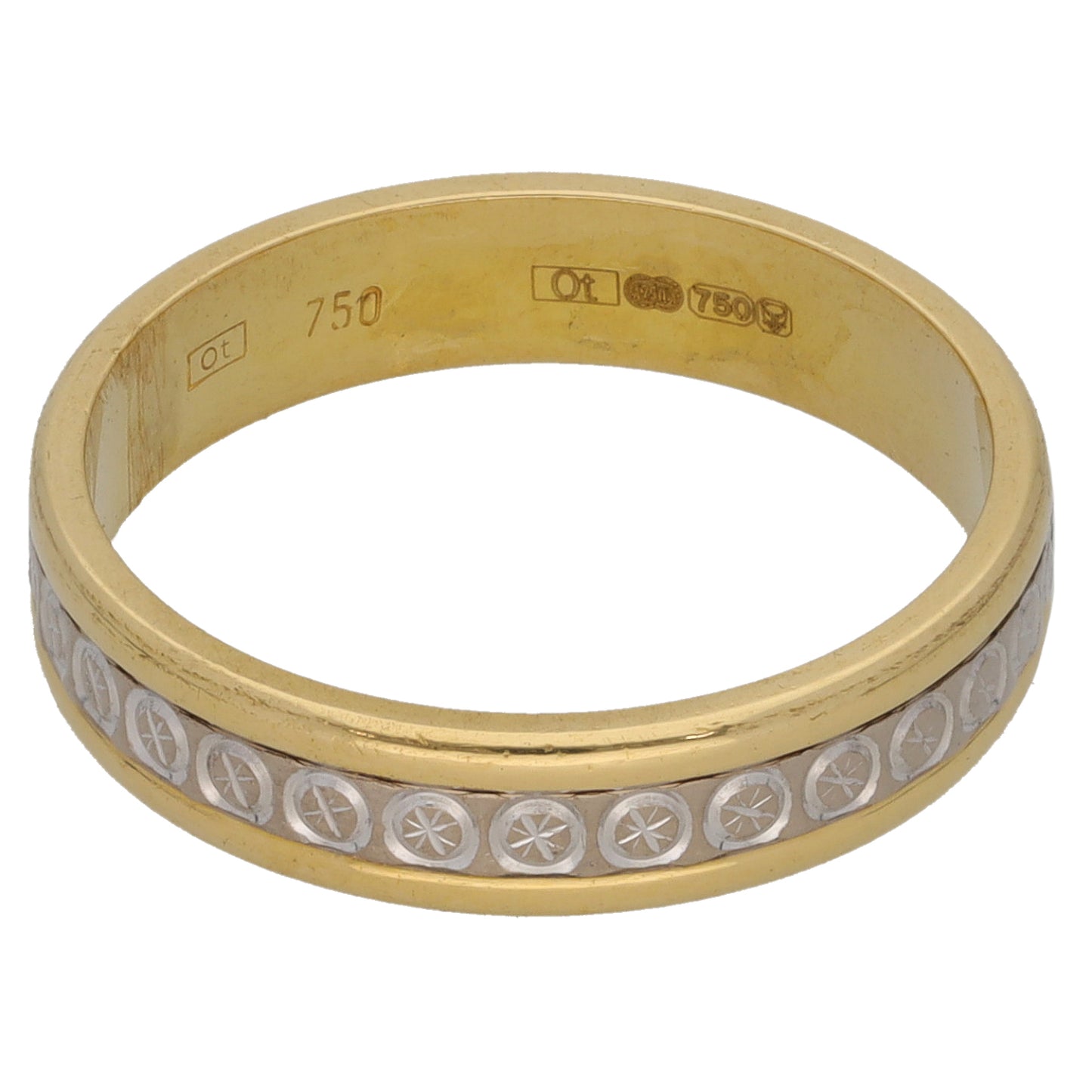 18ct Bi-Colour Gold Patterned Wedding Ring Size L