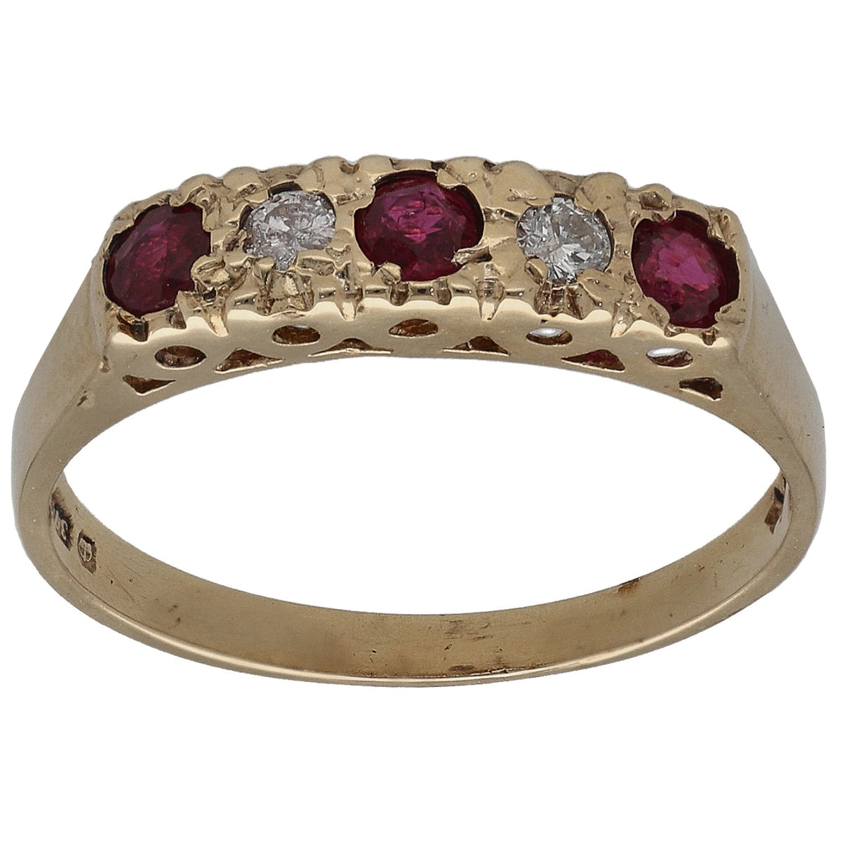 9ct gold half eternity ring with round ruby and diamond stones