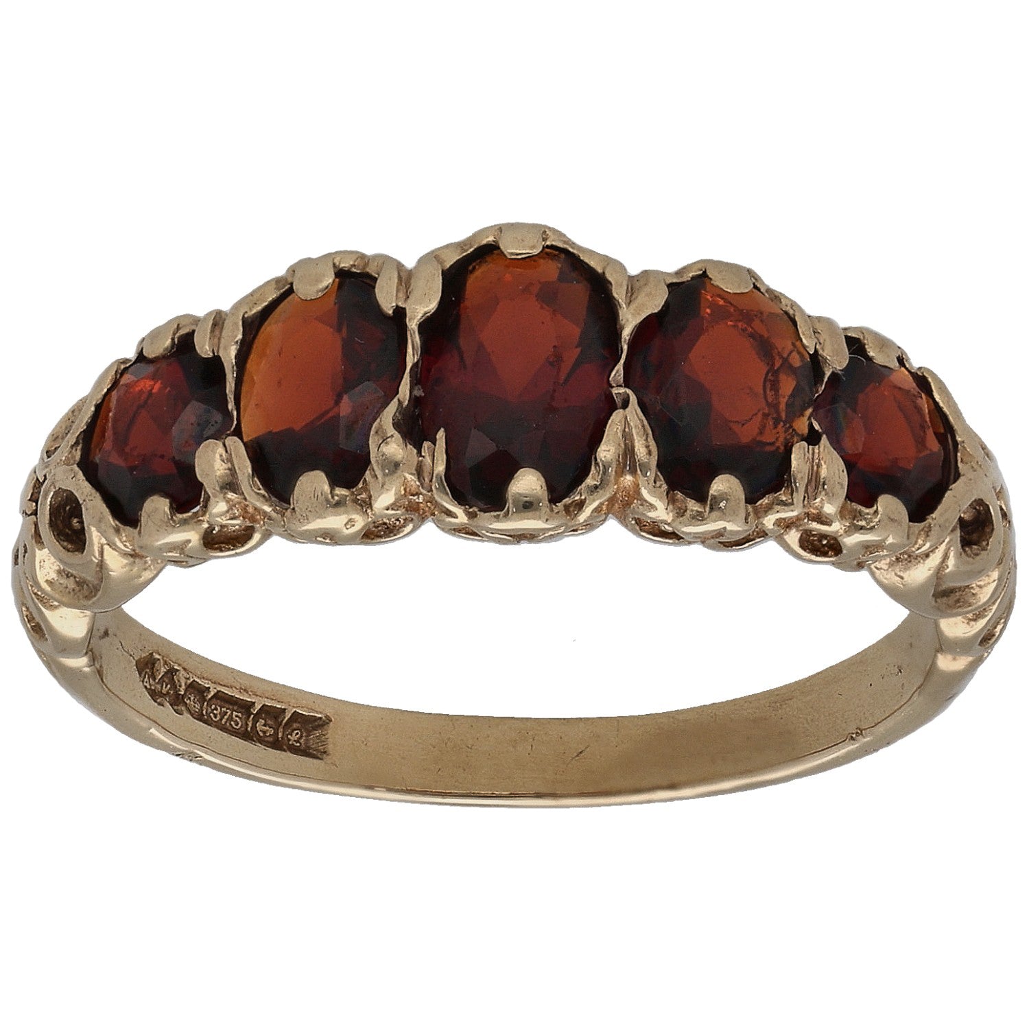 9ct gold ring with five dark red garnets in bezel settings, size M