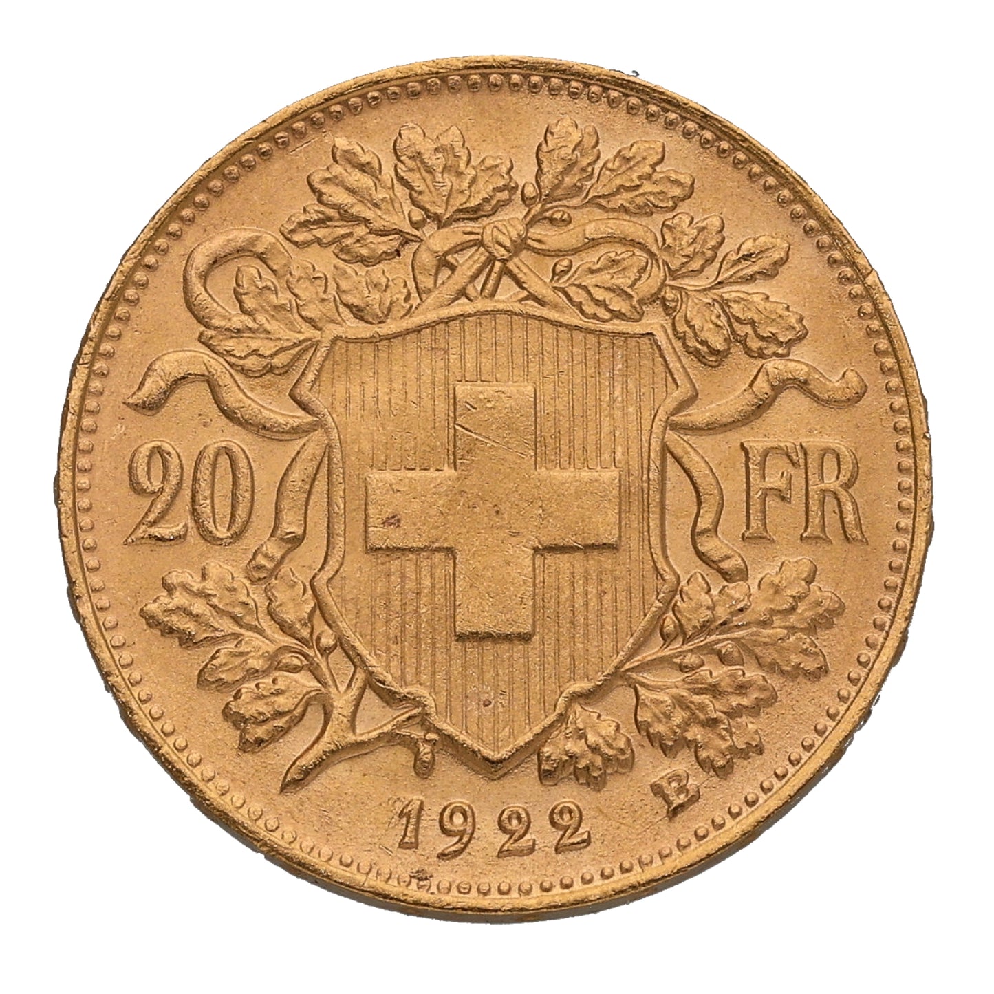 22ct Gold Helvetia Swiss 20 Francs Coin 1922