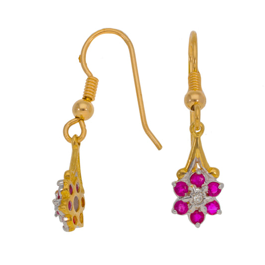 9ct Gold Glass Filled Ruby & 0.01ct Diamond Drop Earrings
