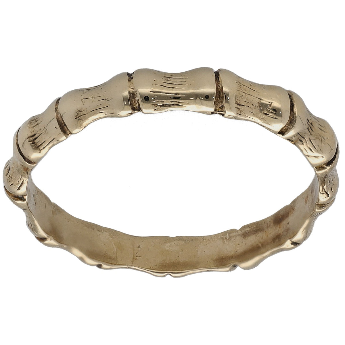 Gold bamboo-style dress ring with hammered texture band and polished bezel details