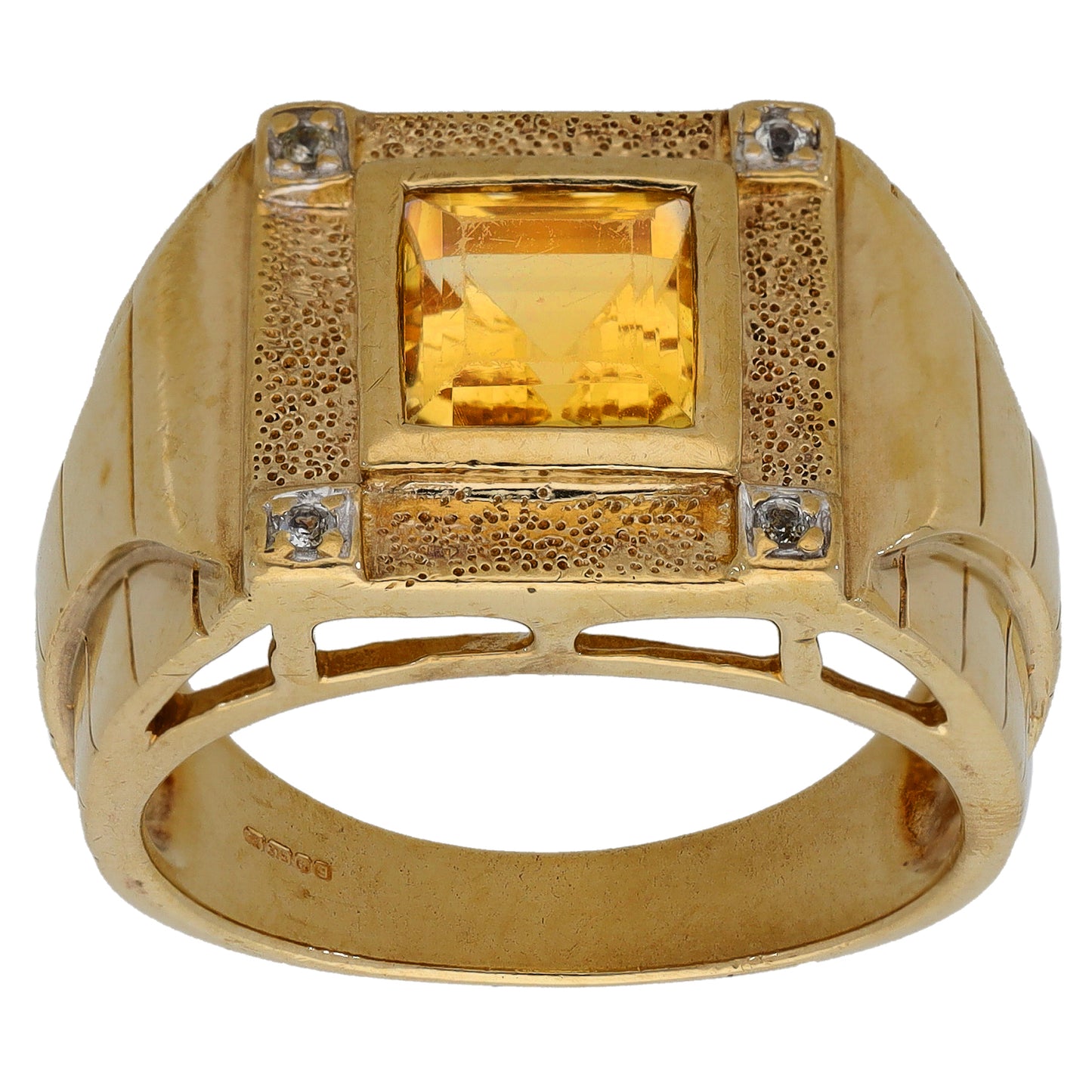 9ct Gold Citrine & Cubic Zirconia Patterned Signet Ring Size T