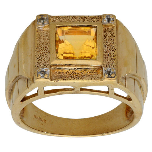 9ct Gold Citrine & Cubic Zirconia Patterned Signet Ring Size T