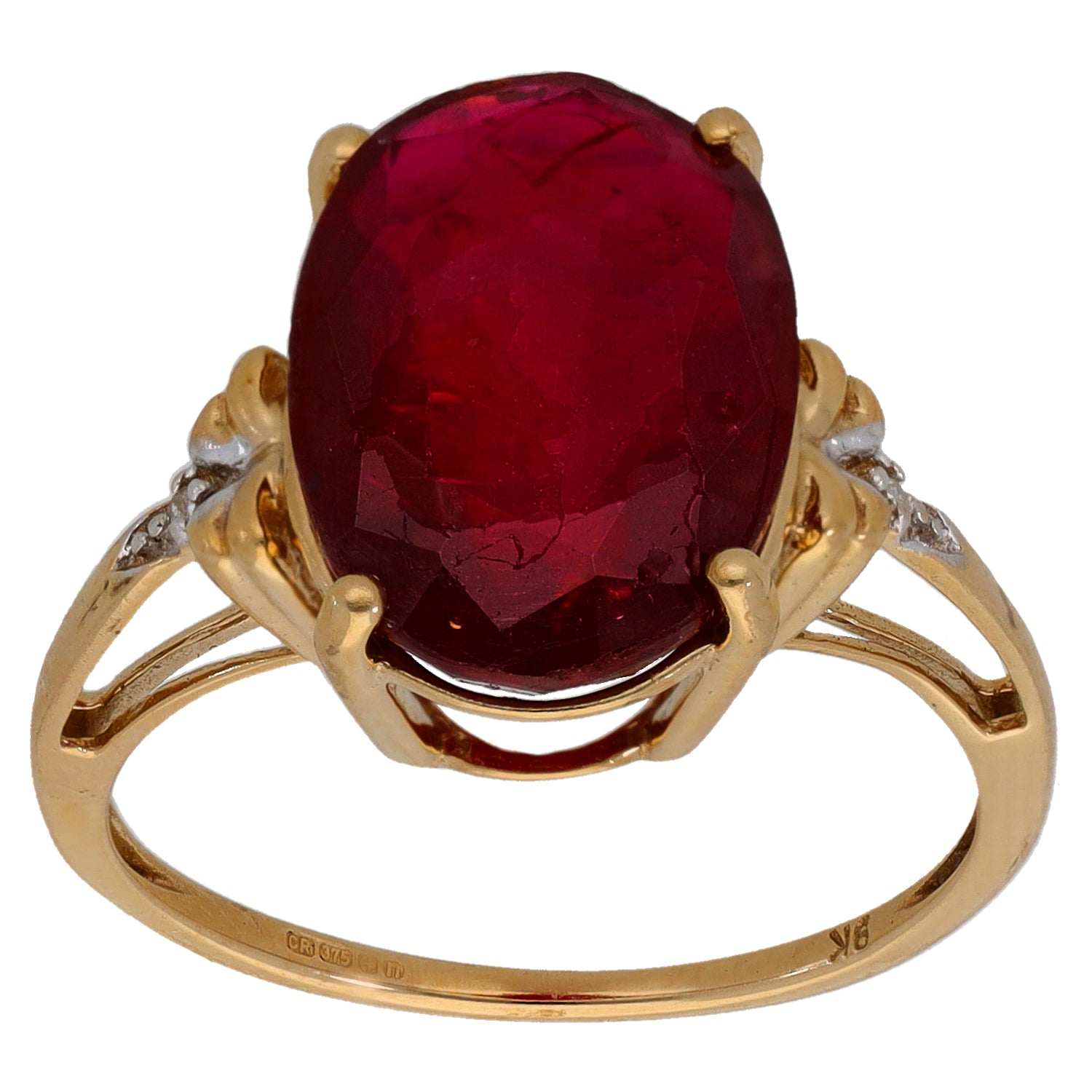 9ct gold ring with oval ruby center and round diamond accents on split shoulders