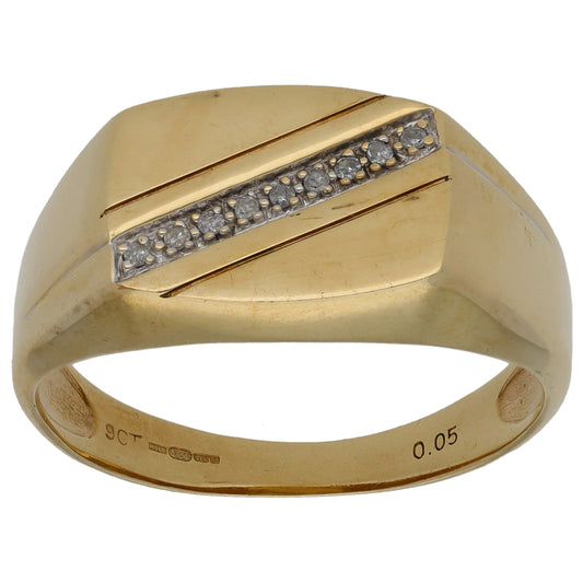 9ct Gold 0.05ct Diamond Patterned Signet Ring Size V