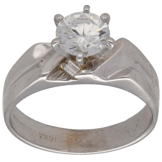 9ct white gold CZ single-stone ring with round clear center and four-prong setting