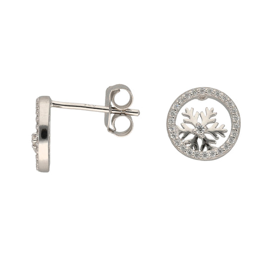 New Sterling Silver Cubic Zirconia Circle Snowflake Earrings