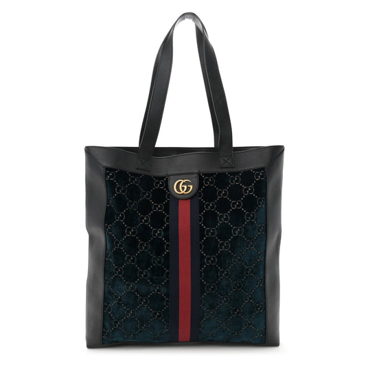 Gucci Ophidia Large Web Tote Velvet & Calfskin Leather Bag - Black