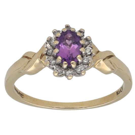 9ct Gold Amethyst & 0.10ct Diamond Dress/Cocktail Ring Size N