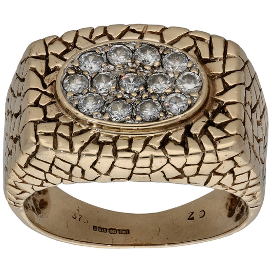 9ct Gold Cubic Zirconia Patterned Signet Ring Size T