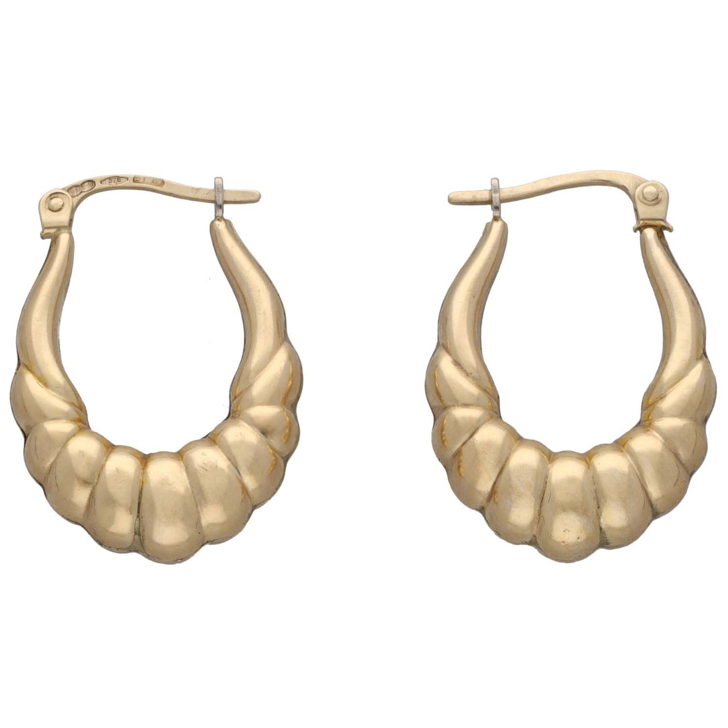 9ct gold creole earrings, textured ridged hoop with small hinge