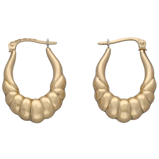9ct gold creole earrings, textured ridged hoop with small hinge