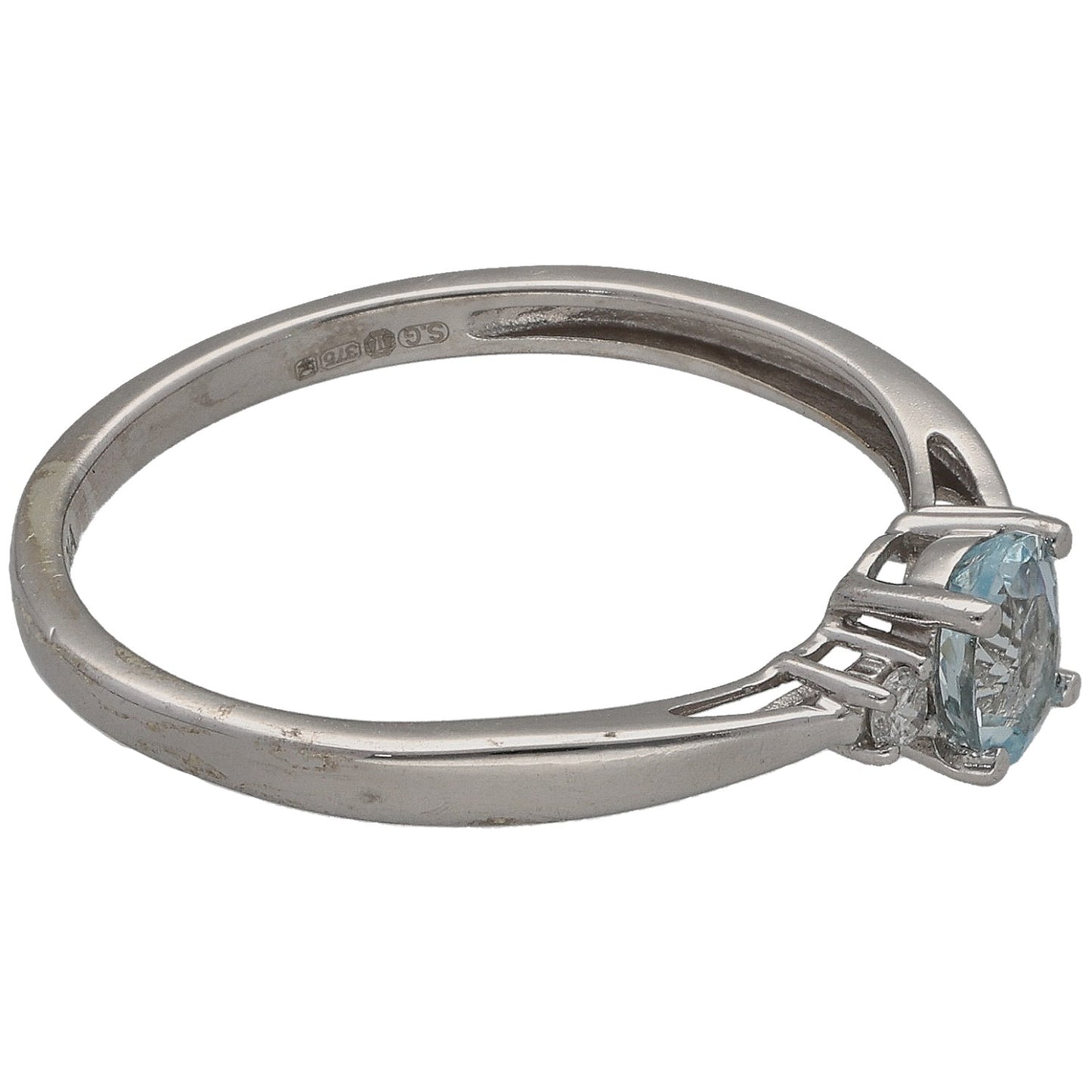 9ct White Gold Aquamarine & 0.04ct Diamond Trilogy Ring Size N