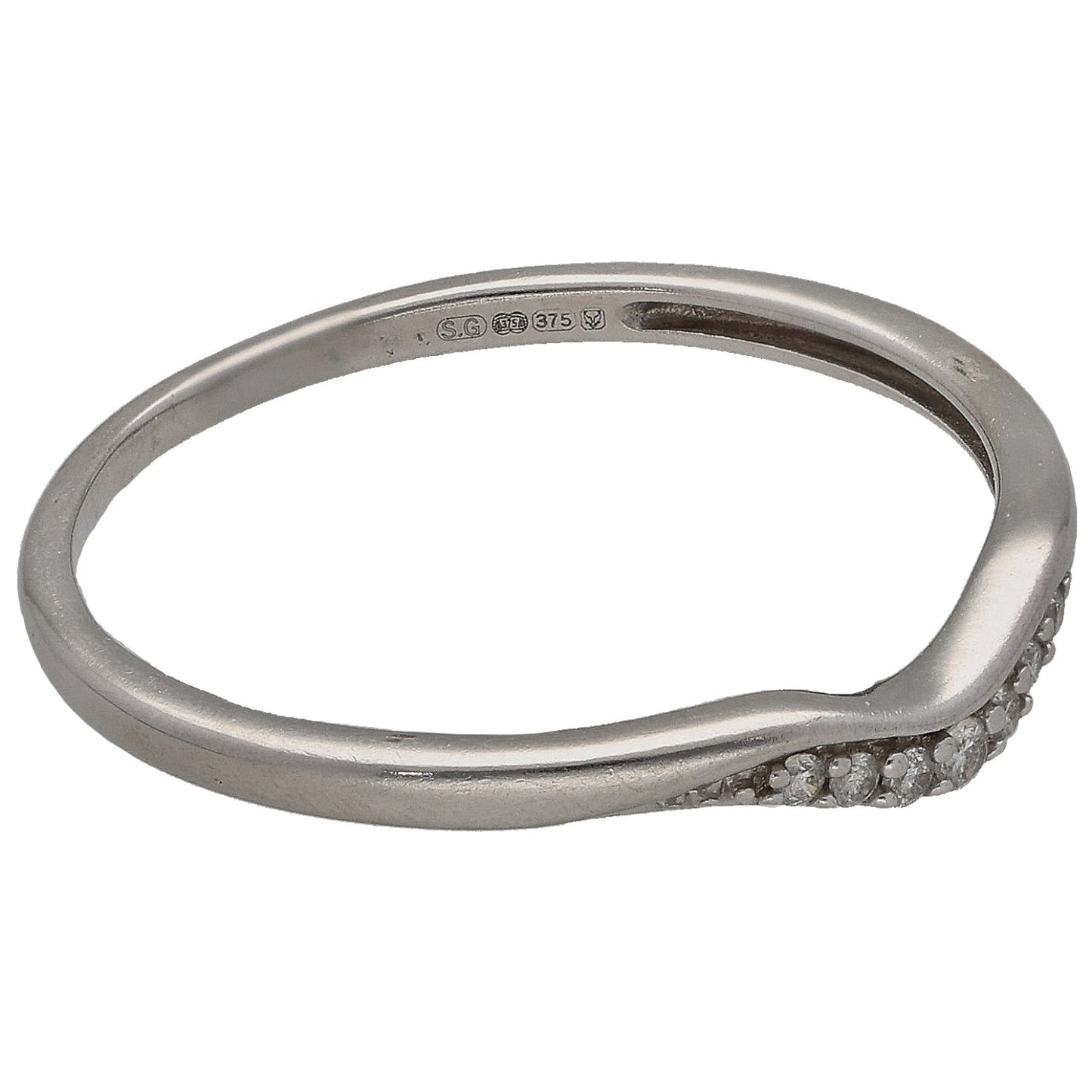 White gold ring with hallmark inside and a row of round diamonds on the side