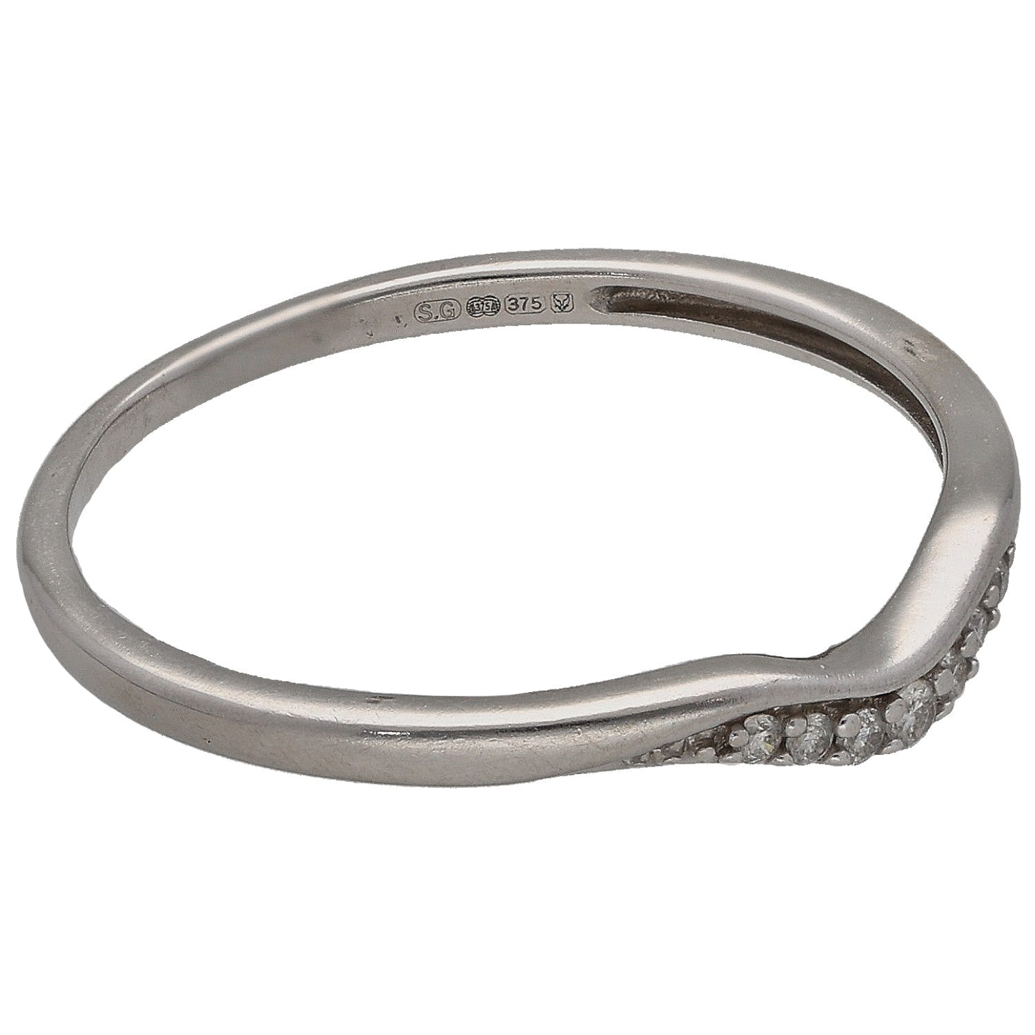 White gold ring with hallmark inside and a row of round diamonds on the side