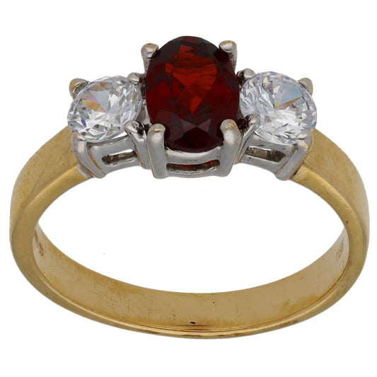 9ct Gold Garnet & Cubic Zirconia Trilogy Ring Size L