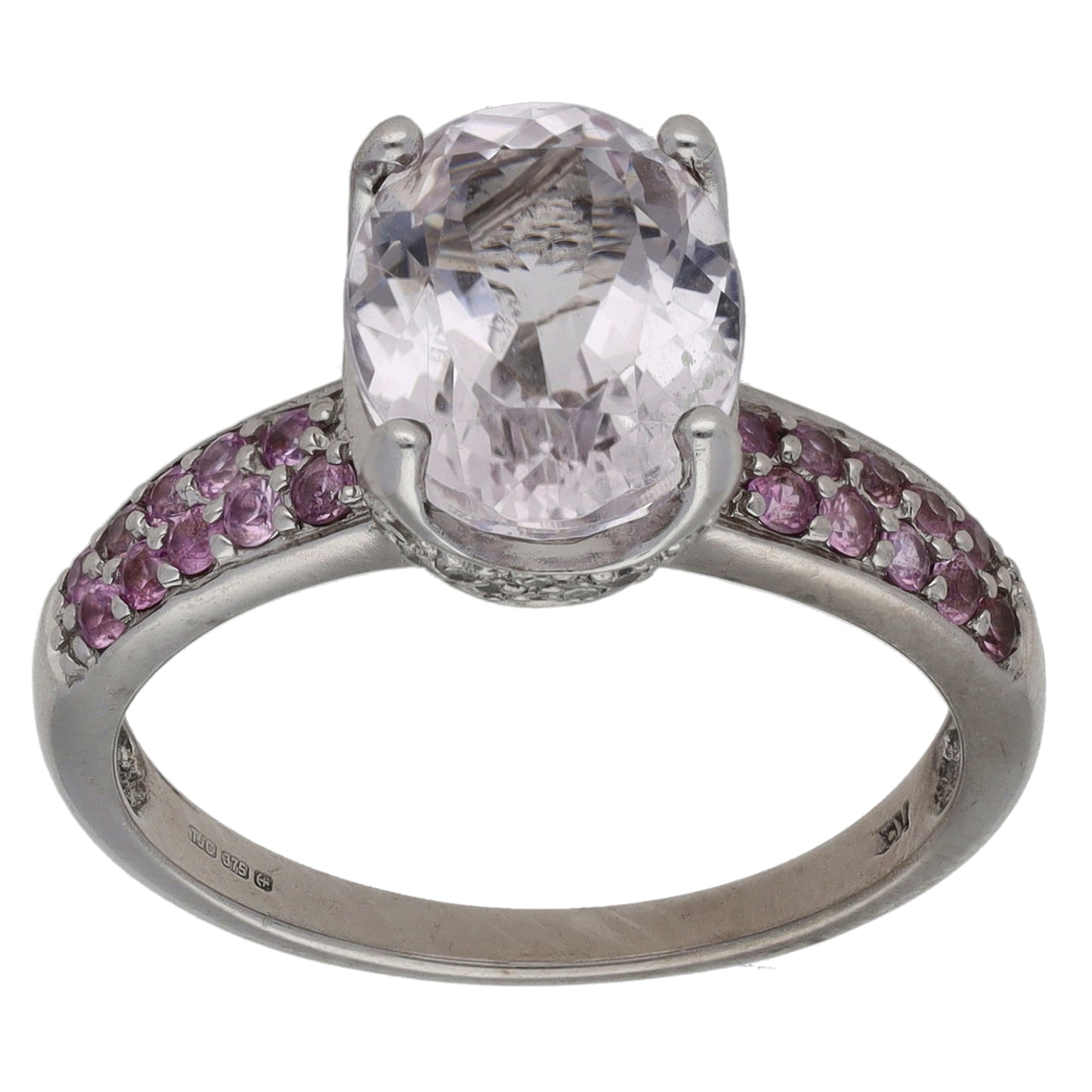 9ct White Gold Kunzite & Sapphire Single Stone Ring With Accents Size O