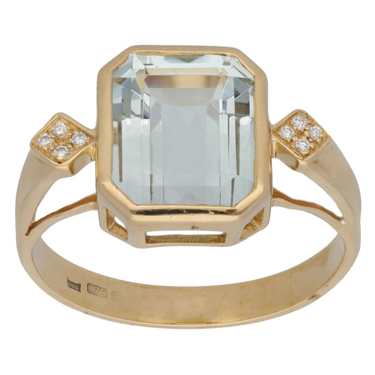 9ct Gold Aquamarine & 0.04ct Diamond Dress/Cocktail Ring Size W