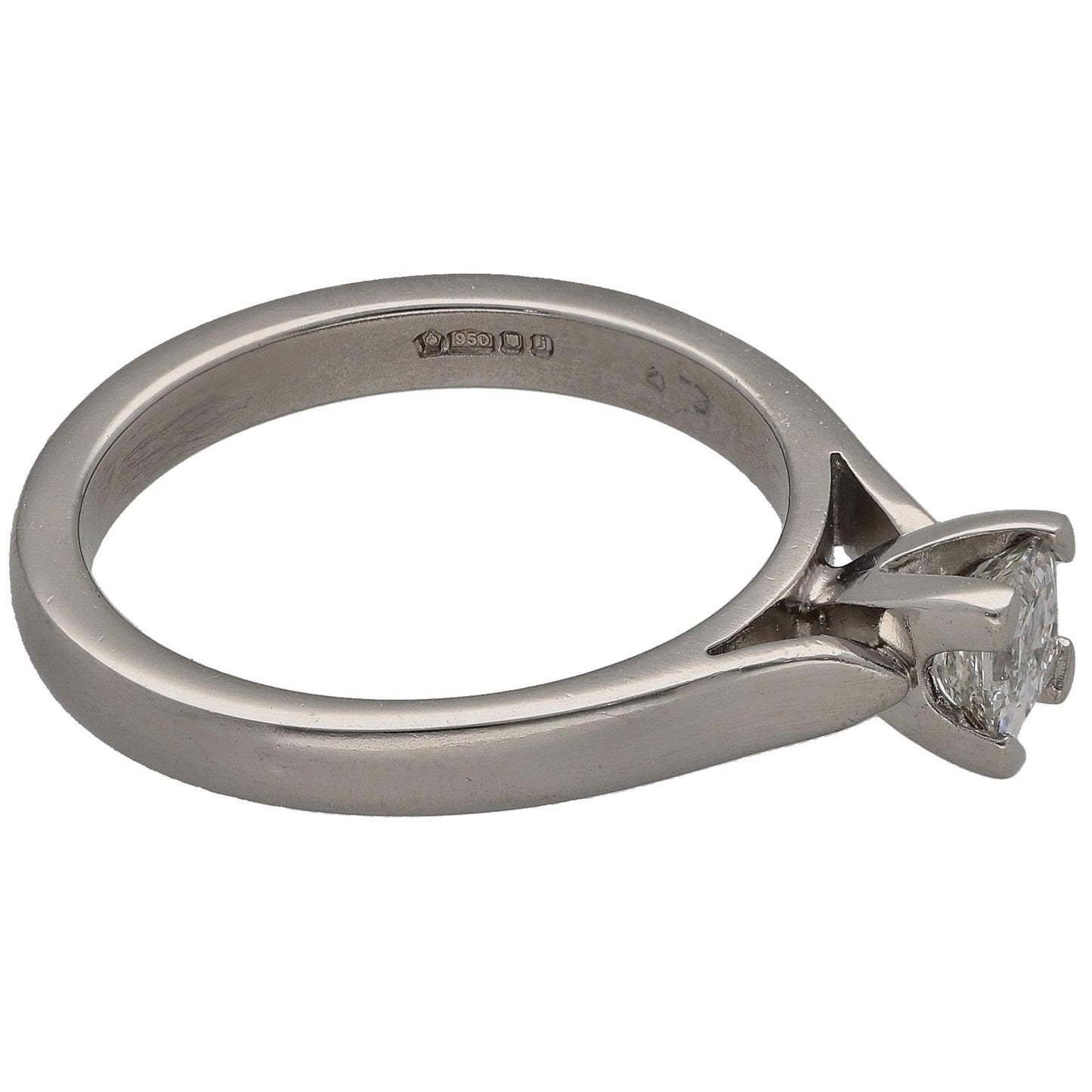 Platinum solitaire ring with square diamond in four-prong head and engraved band