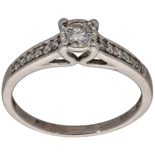 9ct White Gold 0.25ct Diamond Solitaire Ring With Accent Stones Size L